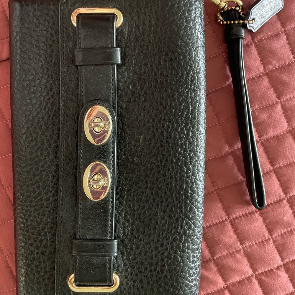 Coach Black Leather Clutch with Gold Accents